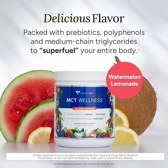 Gundry MD MCT Wellness Powder to Support Energy, Ketone Production and Brain Health, Keto Friendly, Sugar Free (90 Day Supply, Watermelon Lemonade)