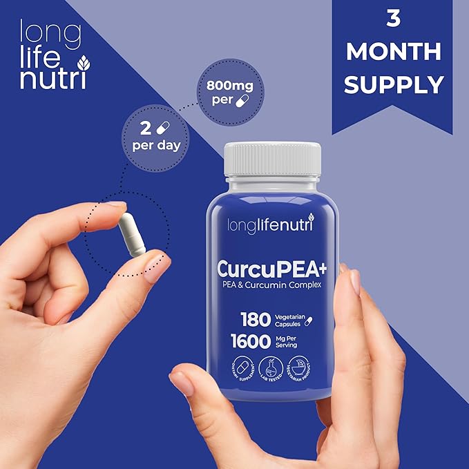 CurcuPEA+ (Palmitoylethanolamide + Turmeric Complex 600mg/1000mg) – Derived from Curcumin Longa, 180 Vegetarian Capsules, Natural Antioxidant, 3-Month Supply, GMP Certified, Vegan, Made in USA
