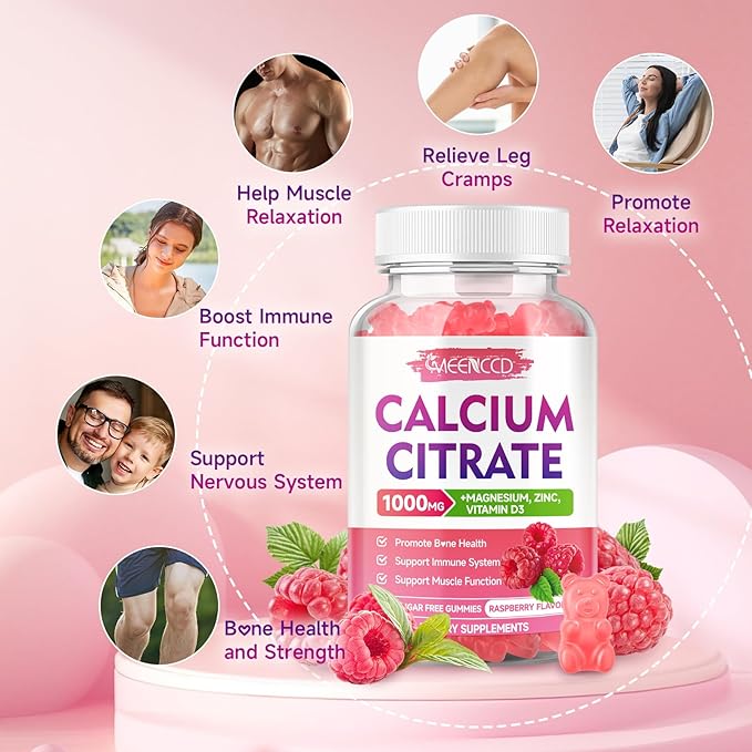 2 Pack Calcium Citrate Gummies 1000mg w/Vitamin D3, High Absorption Calcium Gummies for Women & Men, Plus Magnesium, Potassium, Zinc for Muscle & Immune, Raspberry Flavor, 120 Count