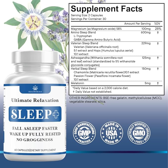 Relaxation Sleep Aid, Natural Non-Habit Forming, Sleep Supplement Developed to Support for Longer & Better Sleep, Chamomile, Magnesium, Melatonin, Ashwagandha, GABA, Drug-Free (60 Count)