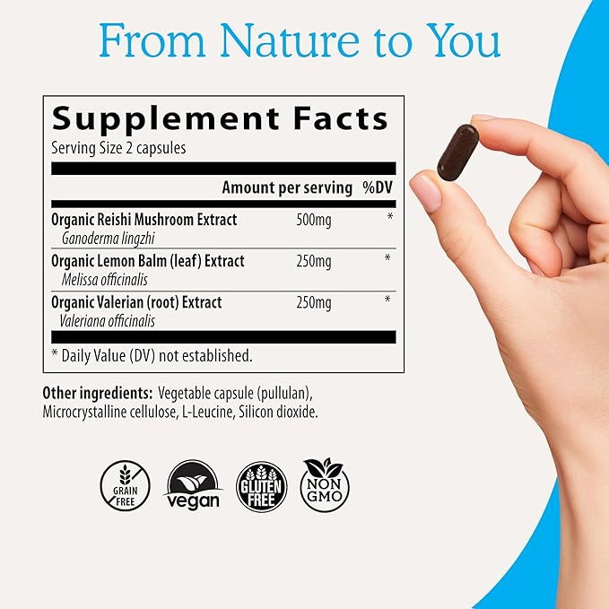 Real Mushrooms RealRest 60ct Reishi Mushroom Capsules for Relaxation - Organic with Lemon Balm Herb Sleep Support Supplement Complex Rest Immune