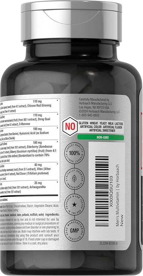 Horbäach Mens Multivitamins 50 Plus | 60 Caplets | with Calcium, Magnesium, Vitamin A, B, C, D & E | 50+ Advanced Formula | Non-GMO & Gluten Free Supplement