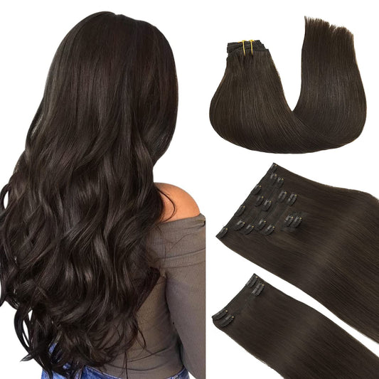 Doores Human Hair Extensions Clip In, Dark Brown 150G 9Pcs 16 Inch, Hair Extensions Real Human Hair Clip Ins Remy Clip In Hair E