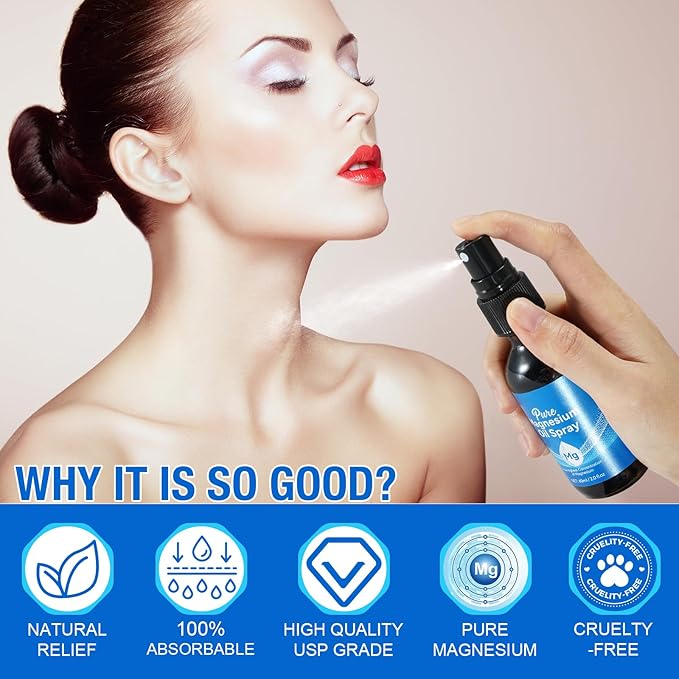Pure Magnesium Oil Spray, 100% Pure & Natural Magnesium Oil, Organic Topical Magnesium Spray Glass Bottle,Magnesium Oil for Feet,Magnesium Spray Oil, 2 fl oz