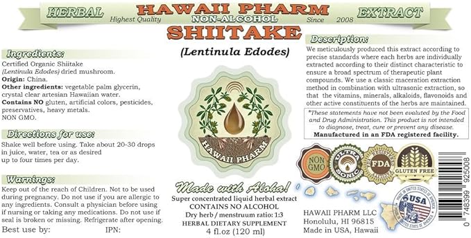 Shiitake Alcohol-Free Liquid Extract, Organic Shiitake (Lentinula Edodes) Dried Mushroom Glycerite Natural Herbal Supplement, Hawaii Pharm, USA 32 fl.oz