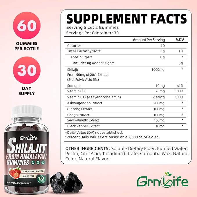 Shilajit Gummies for Men & Women, 1000MG Shilajit Supplement with 85+ Trace Minerals & Fulvic Acid for Energy, Immunity, Sugar-Free, Strawberry-60 Count