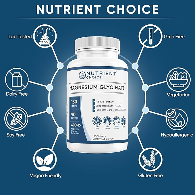 Magnesium Glycinate 400mg, 180 Tablets (Pack of 5) High Absorption, Non-GMO Magnesium for Muscle, Heart, Nerve & Bone Support | Promotes Cardiovascular Health, Made in USA (90 Servings per Bottle)