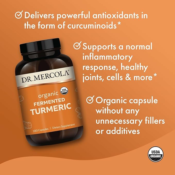 Dr. Mercola Organic Fermented Turmeric - 370 mg Fermented Turmeric - High-Bioavailability Curcuminoids - USDA Organic, Non-GMO, Gluten-Free & Soy-Free - 180 Capsules (90 Servings)