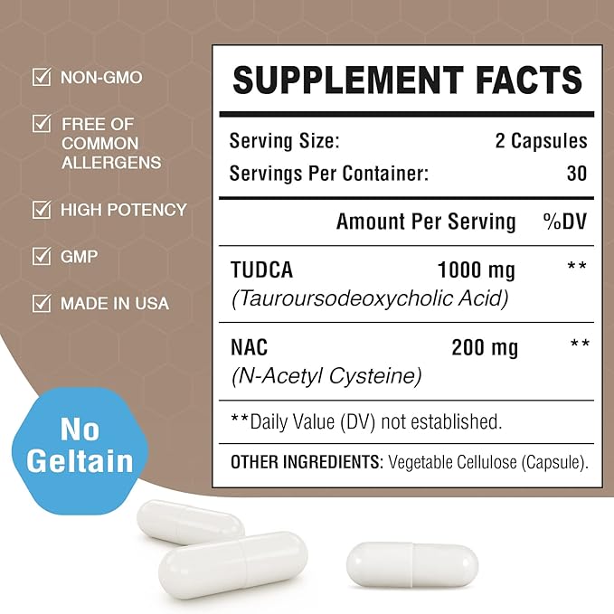 TUDCA with NAC Supplement 1200mg - 60 Capsules,Powerful TUDCA Bile Salt Plus N-Acetyl-Cysteine,Antioxidant Supplements for Liver,Digestion
