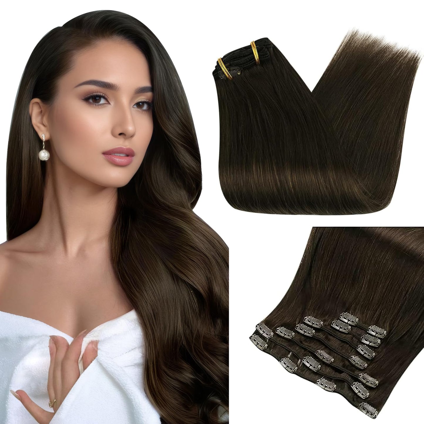 Full Shine Clip In Hair Extensions Human Hair Clip In Extensions Triple Weft Brazilian Hair Clip Ins Dark Brown Hair Extensions