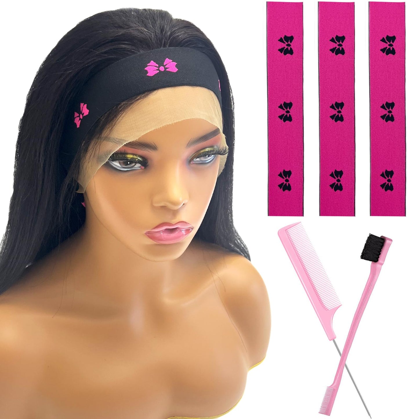 Elastic Wig Bands Set With Lace Melting Bands And Edge Wraps - Keep Lace Front Wigs In Place, Lay Edges (5 Piece Set, Pink Bow)