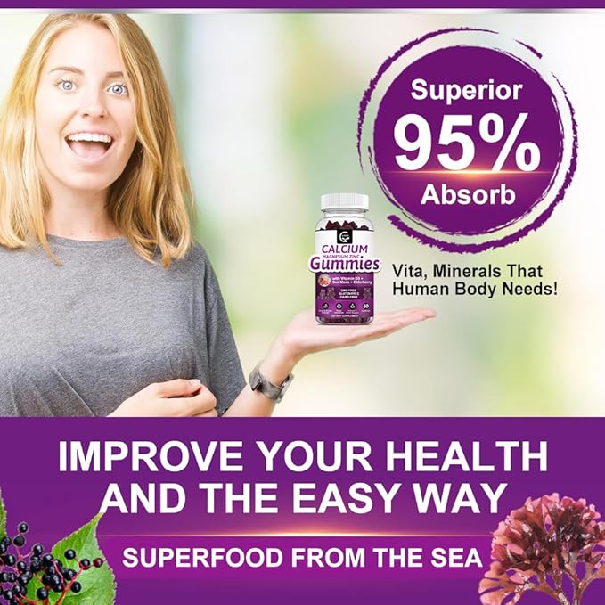 Calcium Magnesium Zinc Gummies with High Absorption Magnesium Glycinate Potassium - Plant Complex Calcium Magnesium 2:1 Ratio, with D3 Sea Moss for Bone, Muscles, Immune & Sleep Support, Vegan-3 Pack