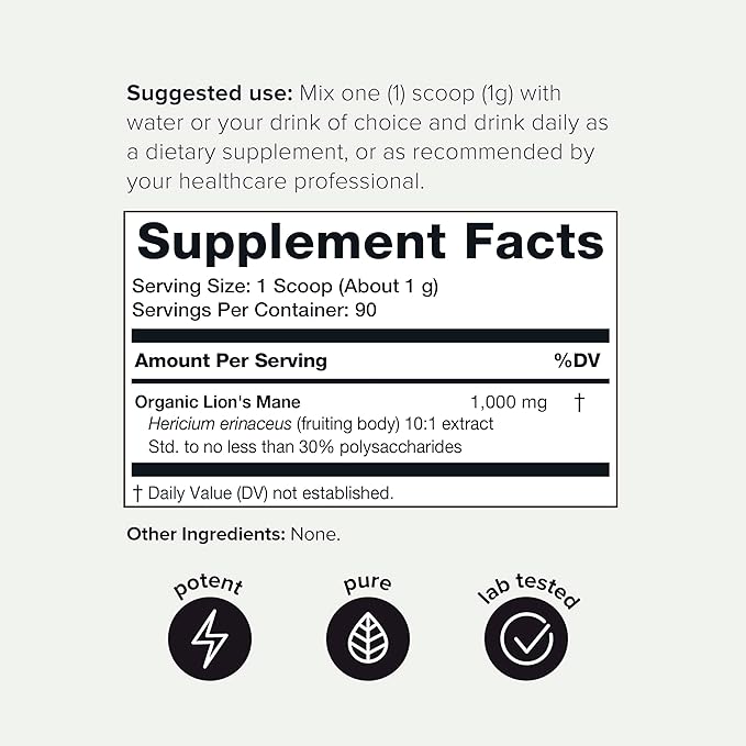 Lion’s Mane Powder - Ultra High Potency 10:1 Extract with 30% Polysaccharides - Highly Concentrated - Third-Party Lab Tested - 90g