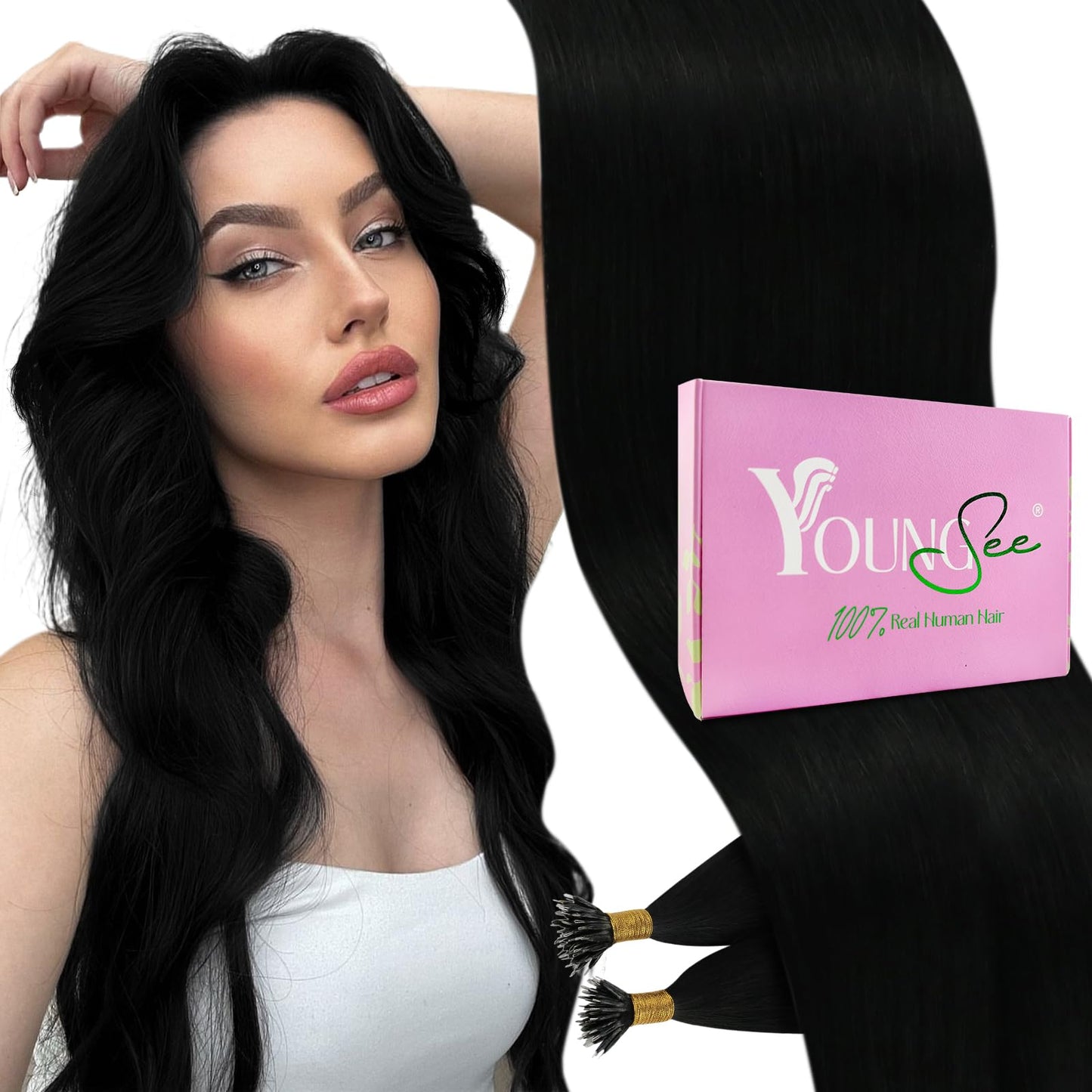 Youngsee Nano Ring Hair Extensions Black Nano Extensions Human Hair Jet Black Nano Bead Hair Extensions Human Hair Black Hair Ex