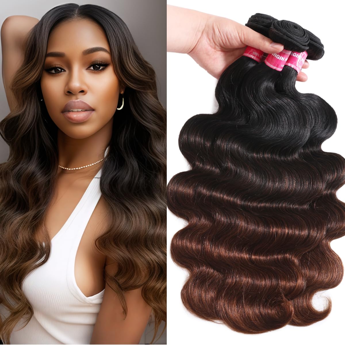Unice Chestnut Brown Ombre Body Wave Human Hair Weave 3 Bundles 22 24 26 Inch Brazilian Remy Human Hair Wavy Sew In Human Hair E