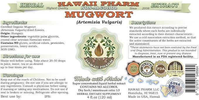 Mugwort Alcohol-Free Liquid Extract, Organic Mugwort (Artemisia vulgaris) Dried Flower Glycerite Natural Herbal Supplement, Hawaii Pharm, USA 2x4 oz