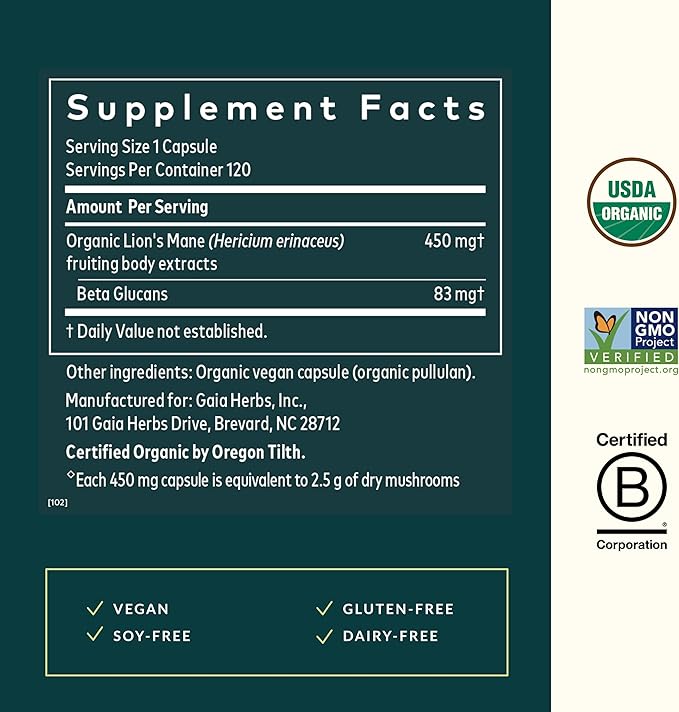 Gaia Herbs Lion’s Mane Mushroom - Brain & Nerve Health Support - 120 Vegan Capsules
