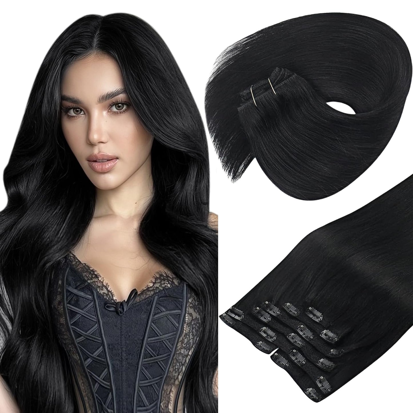 Sunny Clip in Hair Extensions Real Human Hair Natural Black Hair Extensions Clip ins Black Clip in Hair Extensions Invisible Rea