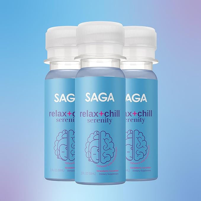 SAGA Organic Relaxation Shots | Contains Adaptogens & Mushrooms - Lion's Mane & Kava | High Bioavailability & Fast Onset | Elevate Mood & Reduce Fatigue | Strawberry Cucumber 2oz Shots (6-Pack)