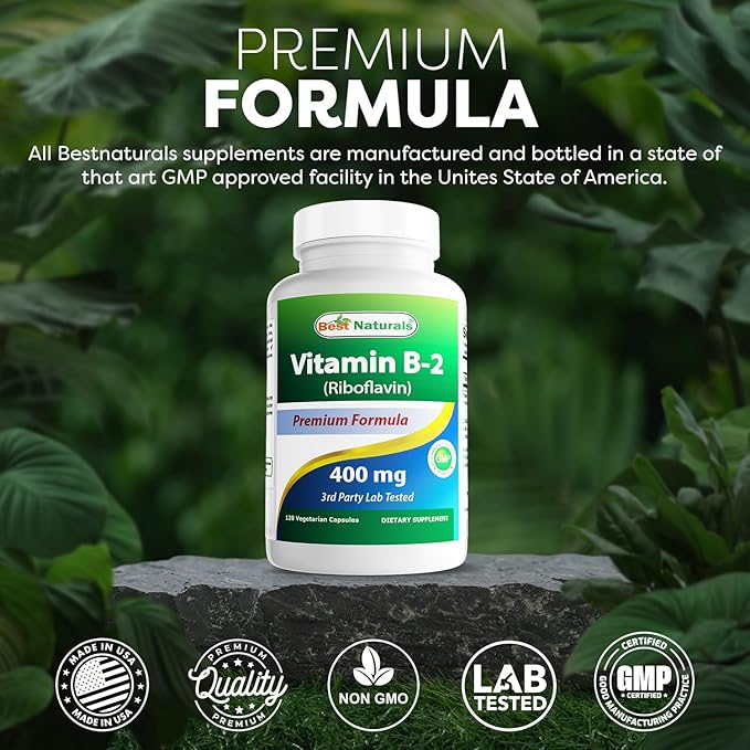 Best Naturals Vitamin B2 (Riboflavin) 400mg - Migraine Relief - Veggie Capsules - Conezyme Precursor - 120 Count (120 Count (Pack of 3))