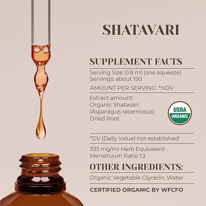 Shatavari USDA Organic Alcohol-Free Extract | Dietary Supplement, High-Potency Tincture | Natural Certified Organic Shatavari (Asparagus racemosus) Dried Root (4 oz)