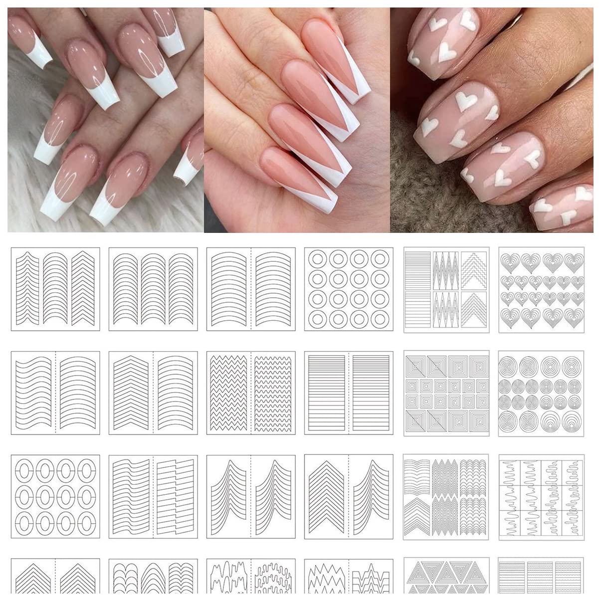 Tailaimei 1768 Pieces 60 Designs French Manicure Nail Stickers, Nail Art Tips Guides For Diy Decoration Stencil Tools (36 Sheets