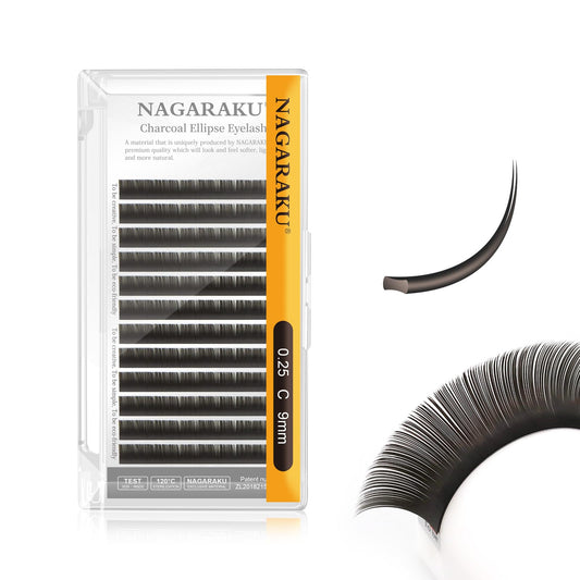 Nagaraku Double Tips Flat Ellipse Eyelash Extensions Supplies 0.25 C Curl 9Mm Natural Charcoal Color Faux Mink Super Soft Split