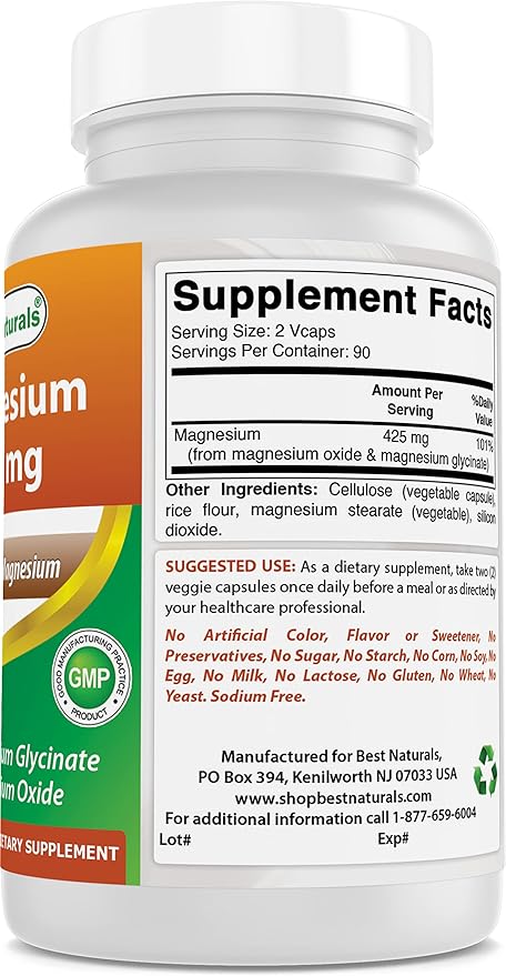 Best Naturals Magnesium 425 mg 180 Veggie Capsules - High Absorption Magnesium Glycinate & Magnesium Oxide Chelated, Non-GMO, Gluten Free Muscle Relax (180 Count (Pack of 3))