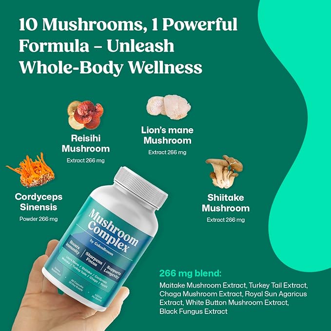 ColonBroom Psyllium Husk Powder (Strawberry, 50 Servings) + Mushroom Complex, Powerful Mushroom Blend with Cordyceps, Reishi, Shiitake, Lion’s Mane Extract for Energy, Immunity (60 Capsules)
