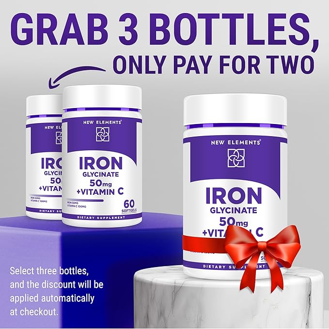 Iron Glycinate 50mg with Vitamin C | Advanced Iron Supplement for Anemia Relief, Immune Boost & Energy Support | Gentle on Stomach, Fast Absorption | Non-GMO, Gluten-Free Softgels for Women & Men