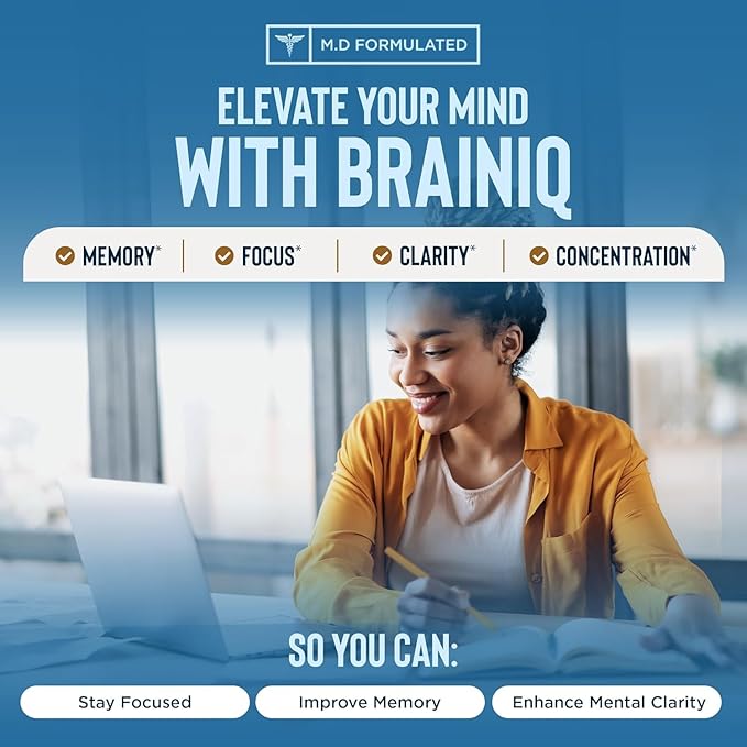 BrainIQ Nootropic Brain Supplements for Memory and Focus | Memory Supplement for Brain Health | Cognitive Supplement & Memory Pill with Lion's Mane, L-threonine & Coffee Extract - 60 Count (Pack of 1)