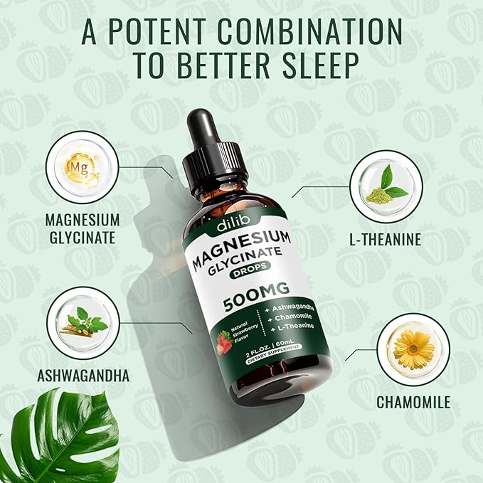 Magnesium Glycinate Supplement, Magnesium Liquid Drops with Magnesium Glycinate 500mg Ashwagandha, L - Theanine, Chamomile -Support Stress Relief, Bone, Muscle, Mood Vegan Natural Strawberry Flavor