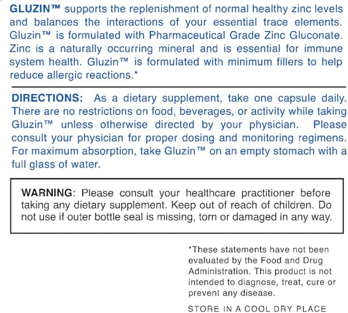 Gluzin 50MG Pharmaceutical Grade Zinc Vegan Friendly