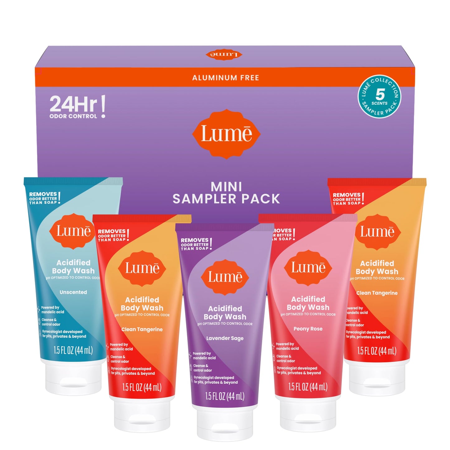 Lume Acidified Body Wash 5 Pack Minis - 24 Hour Odor Control - Moisturizing - Formulated Without Sls & Parabens - 2 Ounce Tubes