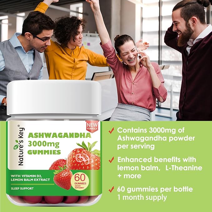Nature's Key Upgraded 2.0 Ashwagandha Gummies, 3000mg Extra Potency Ashwagandha Supplement | with Vitamin D2, Lemon Balm, & Black Pepper ，for Stress Relief and Good Sleep (60 Count, Pack of 1)
