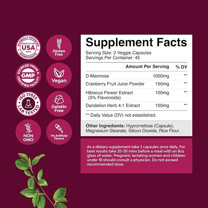 Bundle of D Mannose Capsules for Urinary Tract Health for Women Fast Acting Super Concentrated Cranberry 90ct and Pure Magnesium Glycinate 400mg Per Serving for Mood Sleep and Relaxation
