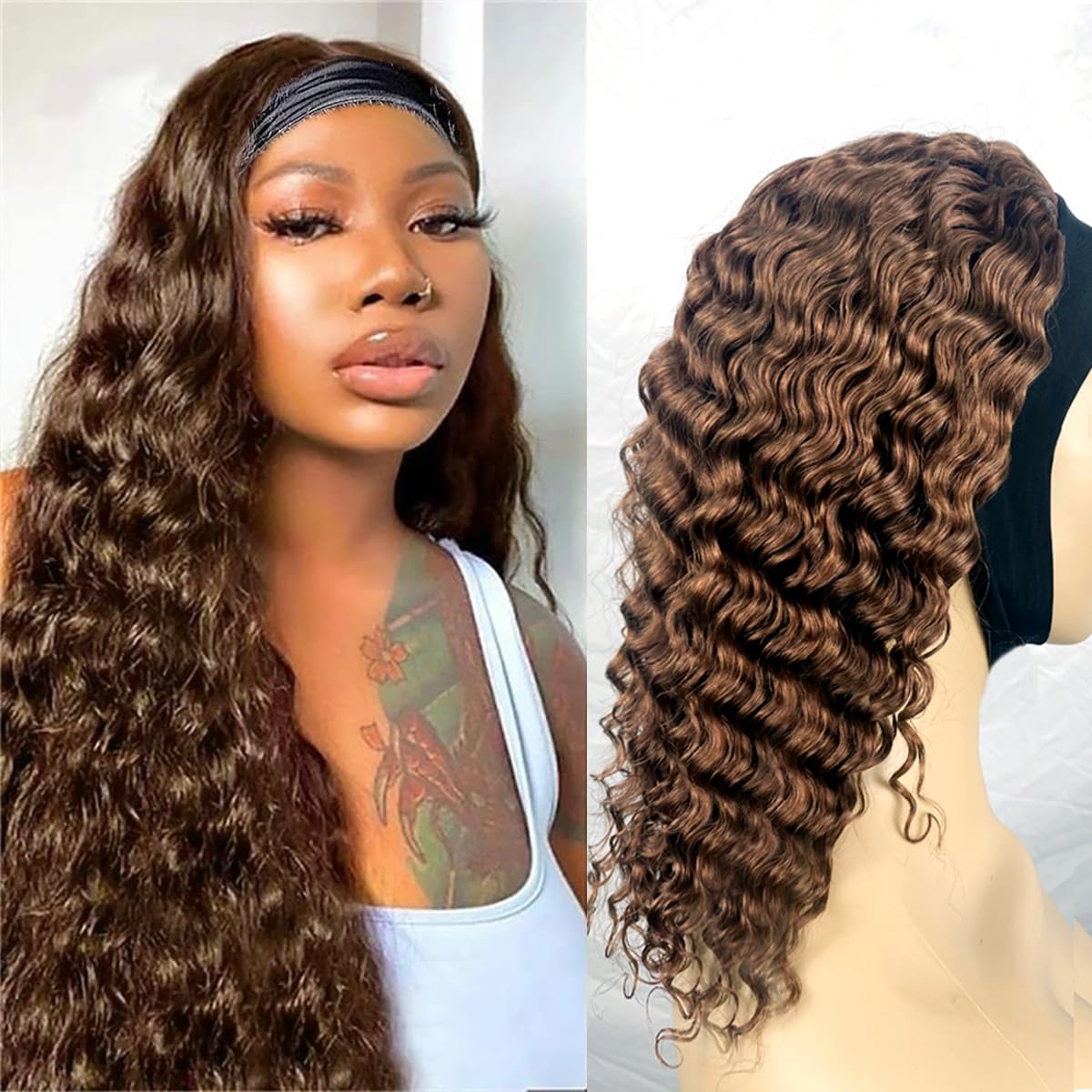 Xsy Chocolate Brown Headband Wig Human Hair Headband Half Wigs Human Hair 10A Brazilian Glueless Human Hair Wigs None Lace Front
