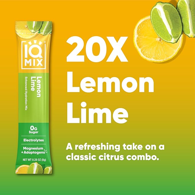 IQMIX Hydration Electrolyte Powder – 4-in-1 Formula for Hydration, Mental Clarity, Mood and Recovery – Sugar-Free Drink Mix, Keto, Magnesium L-Threonate, Lion’s Mane – 20 Count Lemon Lime