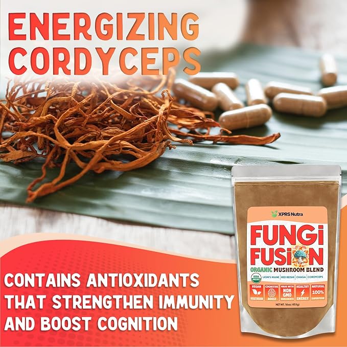 XPRS Nutra Fungi Fusion Organic Mushroom Powder Blend, Premium Blend of Lion's Mane, Reishi, Chaga, Cordyceps for Mental Clarity, Cognition, Energy and Immunity - 4 Ounce