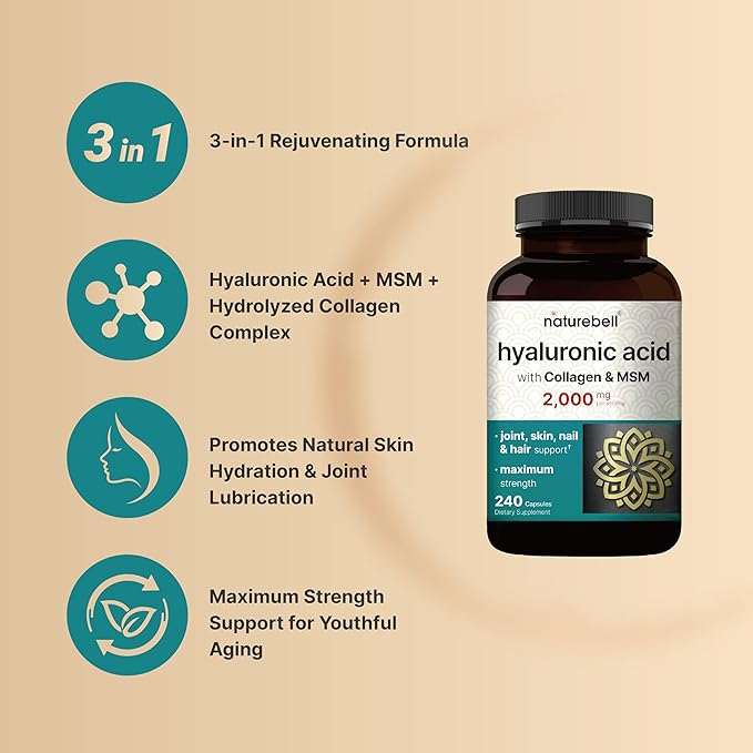 NatureBell 2 Pack Hyaluronic Acid Supplements 2,000 mg | 480 Total Capsules, with MSM & Hydrolyzed Bovine Collagen – 3 in 1 Support for Skin Hydration, Joint Lubrication, Hair, and Eye Health
