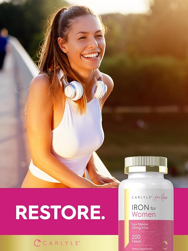 Carlyle Iron Supplement for Women | 45mg | 200 Slow Release Tablets | Vegetarian, Non-GMO, Gluten Free Pills | for Her