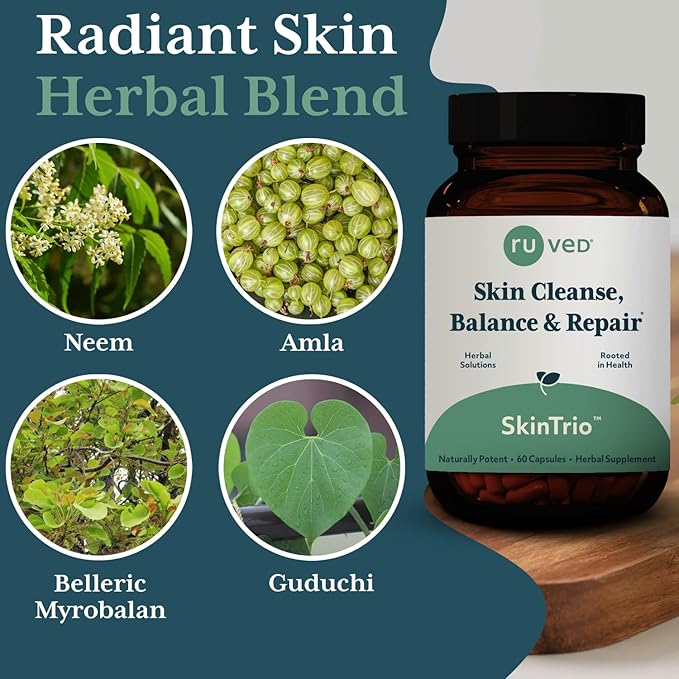 ruved SkinTrio - Neem Pills, Neem Supplement, Neem Capsules with Organic Neem Extract & Amla for Acne, Clear Skin Supplement - 60 Vegetarian Capsules (1 Count)
