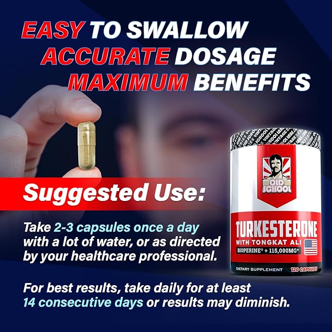 Old School Labs Turkesterone Supplement for Men 15,000mg [Max Potency] + BioPerine® for High Absorption - Tongkat Ali for Men - Increase Muscle Growth & Recovery, Drive & Stamina - USA Made - 120 Caps