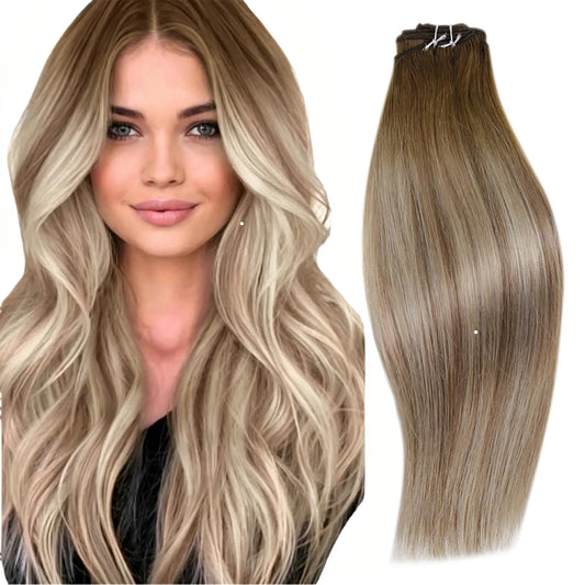 Runature Sew In Hair Extensions Real Human Hair Balayage 20 Inch Straight Weft Human Hair Extensions Ombre Walnut Brown To Ash B