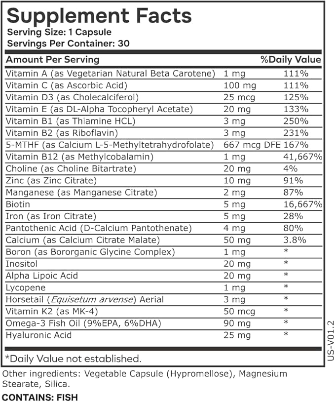 Womens Methylated Multivitamin Multimineral Horsetail, Iron, Biotin Complex with L Methylfolate for Ultra Absorption