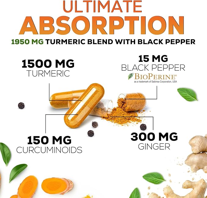 Turmeric Curcumin Supplement 1950mg with Organic Turmeric & Ginger, 95% Curcuminoids, BioPerine Black Pepper for Best Absorption, Nature's Vegan Joint Support, Non-GMO, Bottled in USA - 60 Capsules