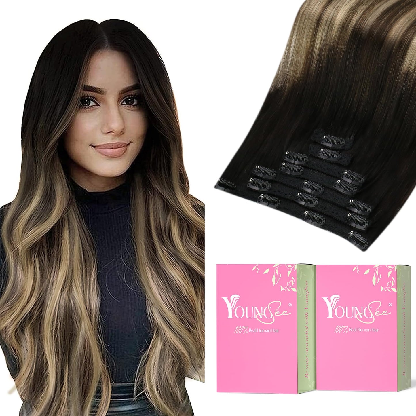 Youngsee Clip In Hair Extensions Ombre Clip In Hair Extensions Human Hair Ombre Off Black To Dark Brown Mix Caramel Brown Balaya