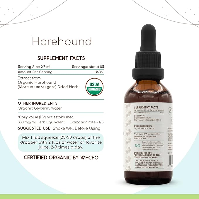 Horehound B60 USDA Organic Tincture | Alcohol-Free Extract, High-Potency Herbal Drops | Certified Organic Horehound (Marrubium vulgare) Dried Herb (2 oz)