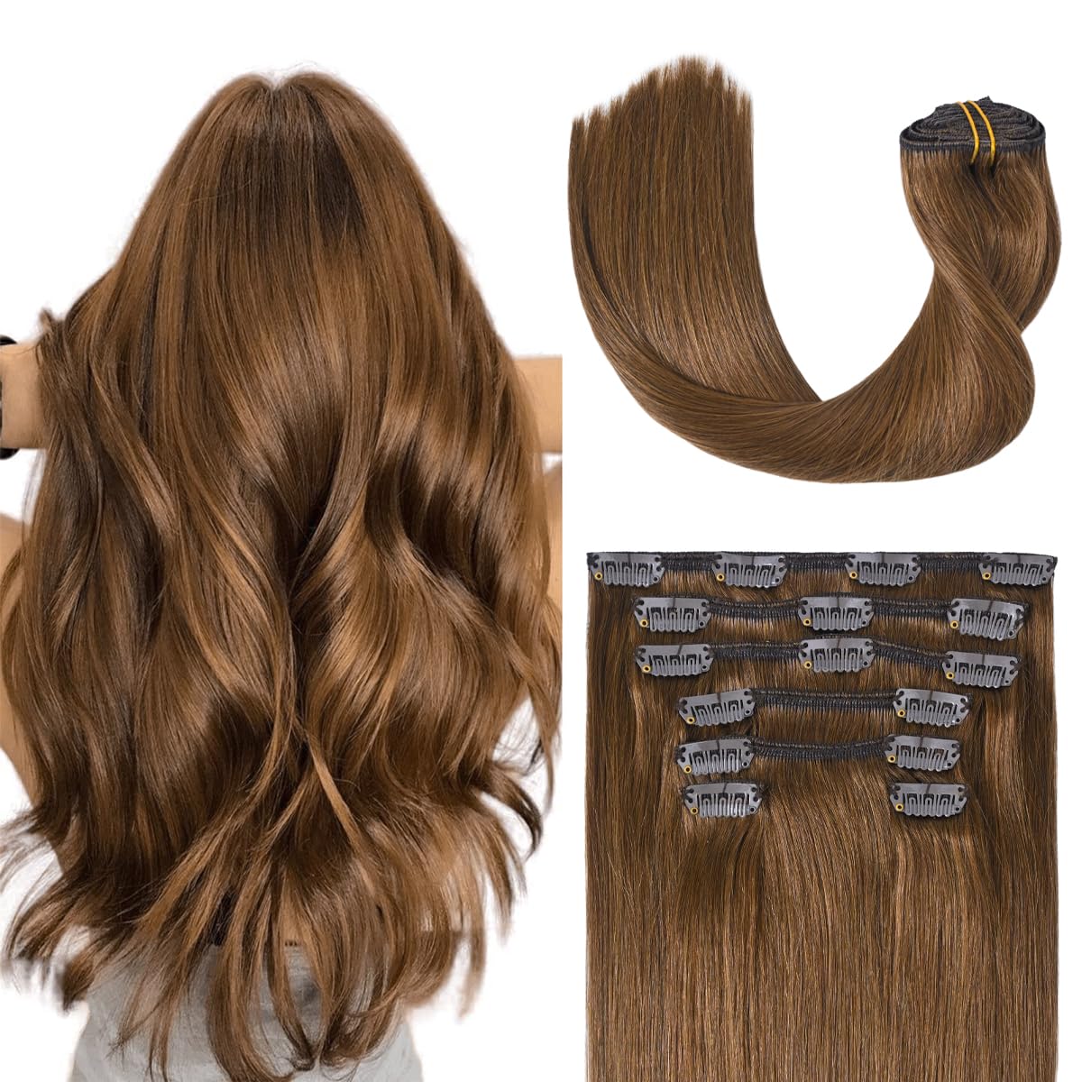 Ugotrays Light Brown Hair Extensions Clip In Human Hair 15 Inch 70G 7Pcs Remy Hair Silky Straight 16Clips One Pack #6 Chestnut B