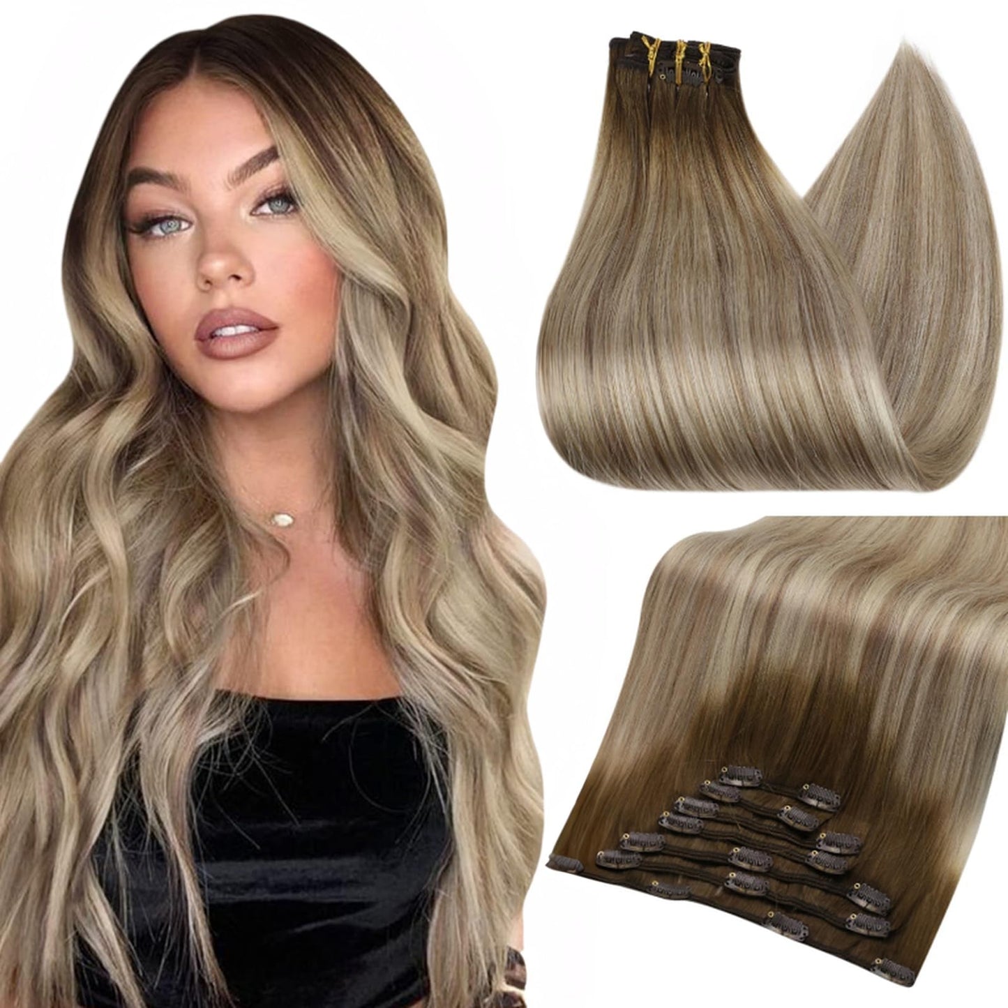 Full Shine Real Hair Extensions Clip In Human Hair 14 Inch 7 Pcs Premium Clip In Hair Extensions Straight Brown Ombre Ash Brown